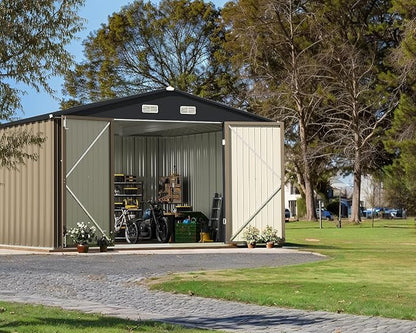 Greesum 10 x 10 FT Metal Outdoor Storage Shed, Brown | Waterproof Weather Resistant Utility Tool House with Lockable Door for Patio, Garden & Lawn Storage