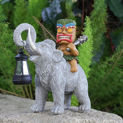 Solar Tiki Statue-Outdoor Statues-Tiki Bar Decor-Solar Powered Light Garden Figurine Tiki Decoration for Bar,Patio,Balcony,Yard,Lawn,Table,Riding A Elephant 9.09 Inches Tall