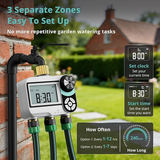 QUOBAS Brass Sprinkler Timer for Garden Hose, Programmable Water Timer for Hose Faucet with Child Lock, Rain Delay/Auto/Manual 3 Modes, Large Waterproof Screen, 3 Zone Independent Watering
