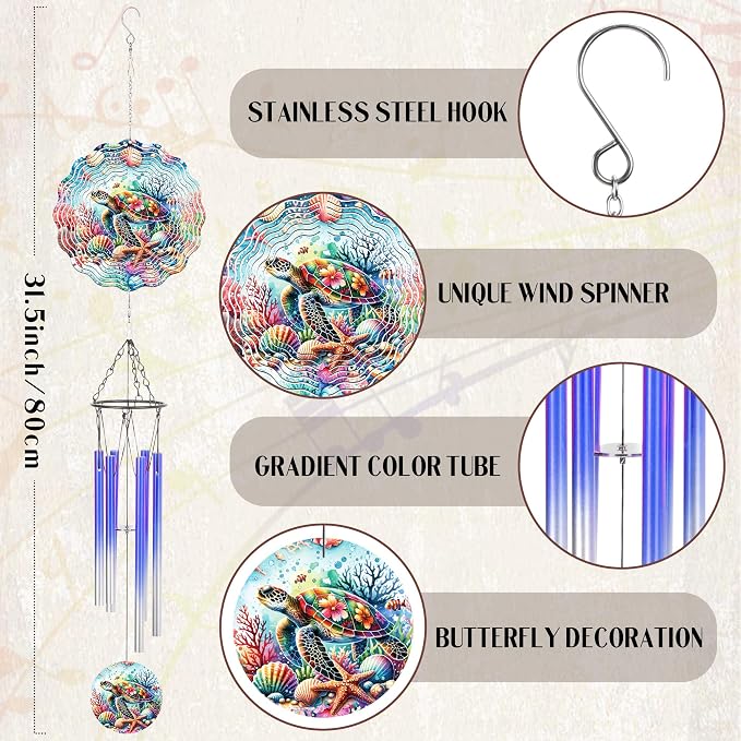 Sea Turtle Gifts Windchime - Metal 3D Wind Spinner with Wind Chime | Outdoor Decor for Garden Yard Patio Lawn Indoor Home Art Hanging Birthday Gift for Women Men Mom Dad Grandma Wife Friends
