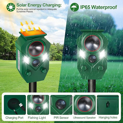 Solar Animal Repellent,Ultrasonic Cat Repellent Outdoor with Motion Sensor,Waterproof Rabbit Repeller with Flashing Light Defender Dog, Mouse,Squirrel,Raccoon,Skunk,Deer for Yard Farm Garden-2 Pack