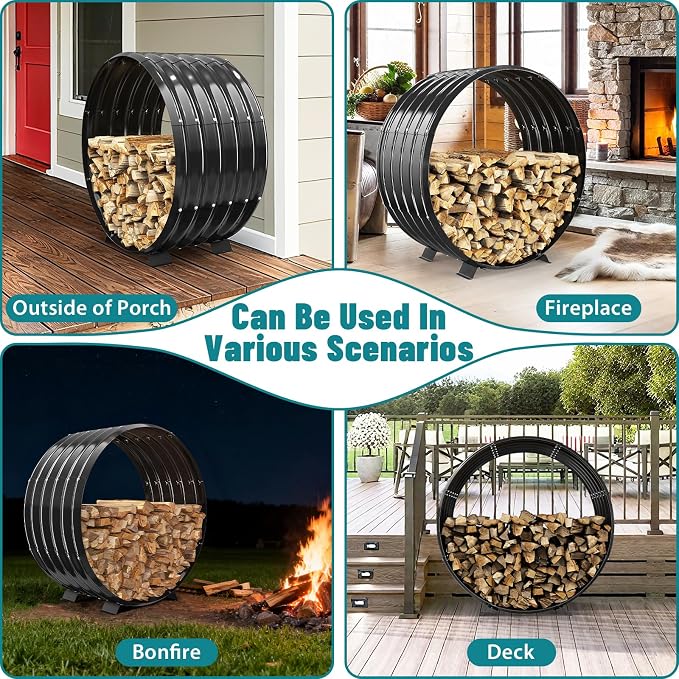 Round Heavy Duty Firewood Rack – Galvanized Wave-Shaped Steel with 4 Sturdy Legs – 0.8mm Thick Black Coated – Indoor or Outdoor Wood Holder for Fireplace,Patio & Deck Fire Pit (2.7FT Diameter)