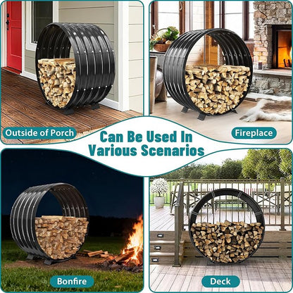 Round Heavy Duty Firewood Rack – Galvanized Wave-Shaped Steel with 4 Sturdy Legs – 0.8mm Thick Black Coated – Indoor or Outdoor Wood Holder for Fireplace,Patio & Deck Fire Pit (2.7FT Diameter)