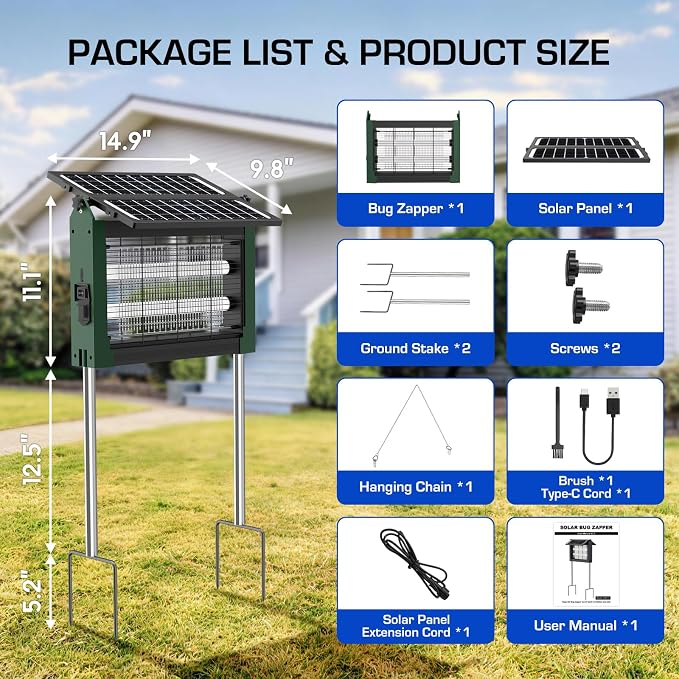 Solar Bug Zapper Outdoor with Dual Solar Panels, PhatroyYee 4500V Cordless Waterproof Mosquito Zapper, Auto On/Off, USB-C & Solar Powered Electric Fly Zapper Trap Killer for Patio Backyard RV Camping
