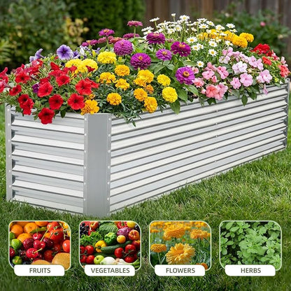 8x2x2ft Raised Garden Bed - Galvanized Deep Root Planter Boxes Outdoor with Wing Nuts and Safety Edges for Gardening Vegetables, Flowers, Herbs, Succulents - Silver