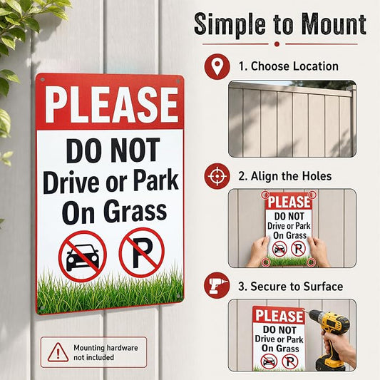 Do Not Park on Grass Tin Sign, 12 x 8 Inch Lawn Notice Aluminum Metal Wall Decor, No Driving Parking Sign for Yard, Driveway, Gate, Fence