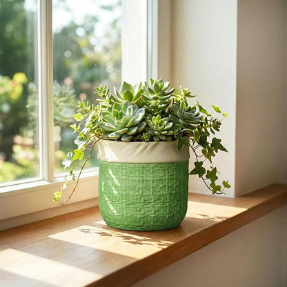 Ceramic Plant Pots - 6 Inch Plant Pot with Drainage Hole, Boho Planters for Indoor Succulent Plants, Decorative Round Unique Flower Pots, Garden Home Office Decor, Housewarming Gifts, Green