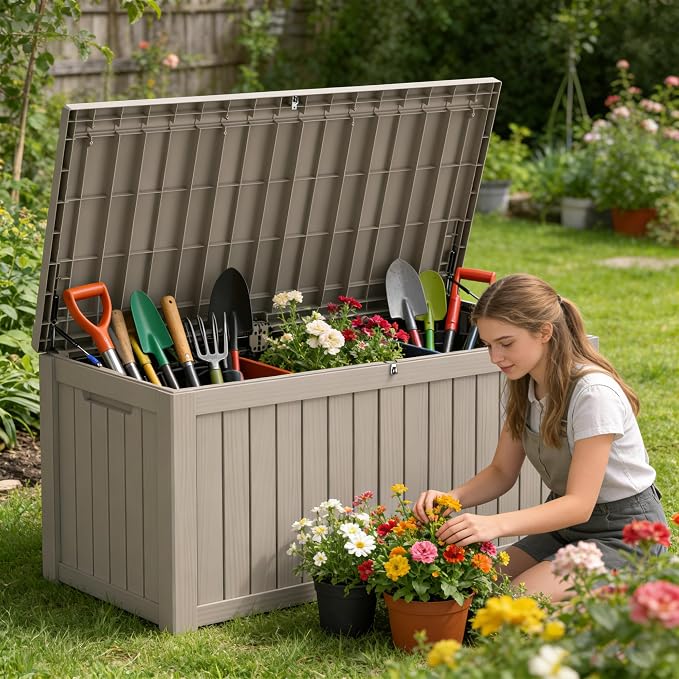 150 Gallon Outdoor Storage Box Resin Deck Box All Weather Waterproof Large Lockable Storage Container Deck Box for Patio Furniture, Garden Tools, Lockable, Gray New