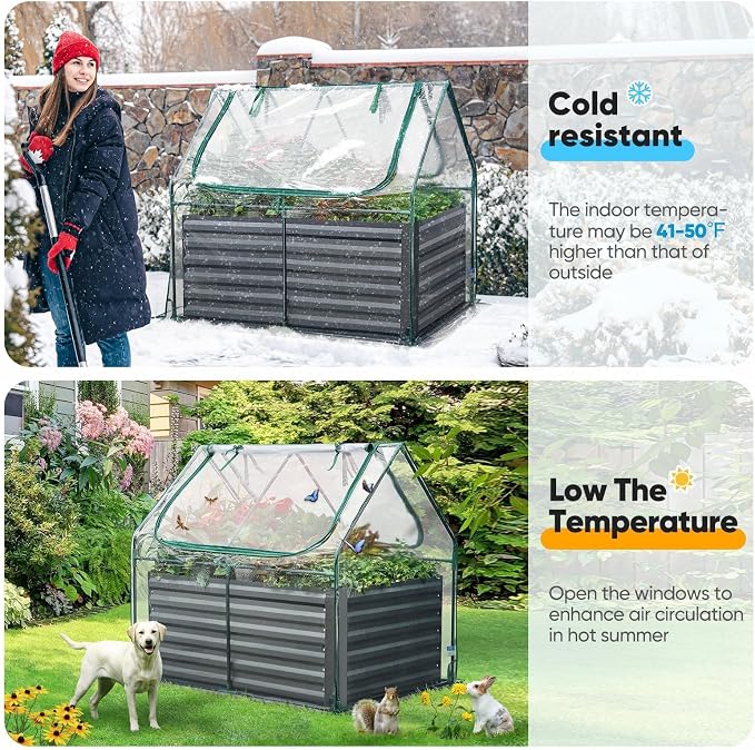 Quictent Raised Garden Bed Galvanized Raised Beds for Gardening Vegetables with Cover 4x3x2 ft Tall Metal Planter Box Outdoor Use (Clear)