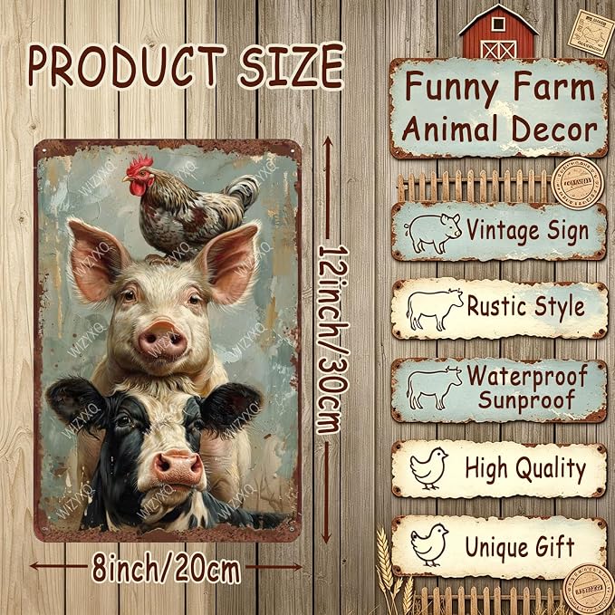 Metal Signs A Pig Cow Chicken Vintage Tin Sign for Home Office Kitchen Bar Cafe Garden Farmhouse Chicken Coop Wall Decor 12x8 Inch