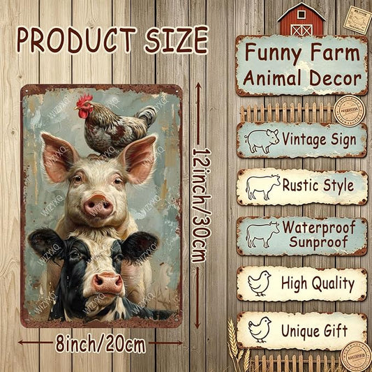 Metal Signs A Pig Cow Chicken Vintage Tin Sign for Home Office Kitchen Bar Cafe Garden Farmhouse Chicken Coop Wall Decor 12x8 Inch
