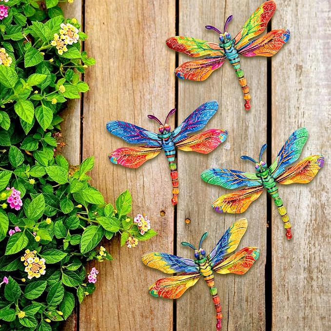 SUNREEK Metal Dragonfly Wall Decor - 9.6" Outdoor Fence Wall Art, Hanging Decorations for Garden Yard Patio Room Decorations, 4 Pack (Color- 4)