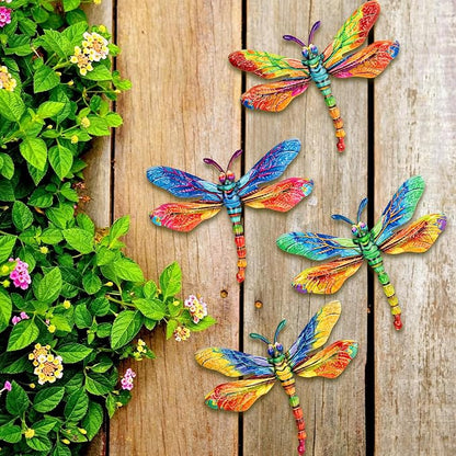 SUNREEK Metal Dragonfly Wall Decor - 9.6" Outdoor Fence Wall Art, Hanging Decorations for Garden Yard Patio Room Decorations, 4 Pack (Color- 4)