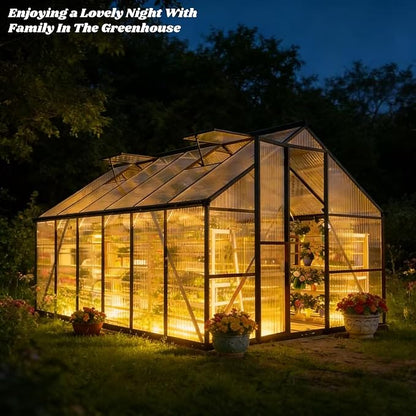 8x12 FT Greenhouse for Outdoors, Polycarbonate Greenhouse with Quick Setup Structure and Roof Vent, Aluminum Large Walk-in Green House for Outside Garden Backyard, Charcoal Black