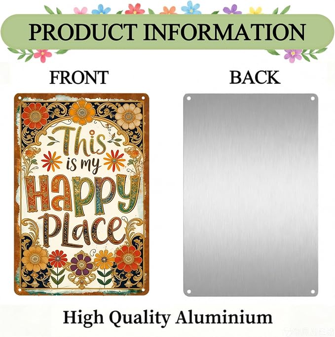 Funny Garden Metal Signs, Vintage Outdoor Wall Decor 8x12 Inch | This Is My Happy Place, Boho Weatherproof Aluminum Sign for Patio Yard Greenhouse, Gift For Gardeners