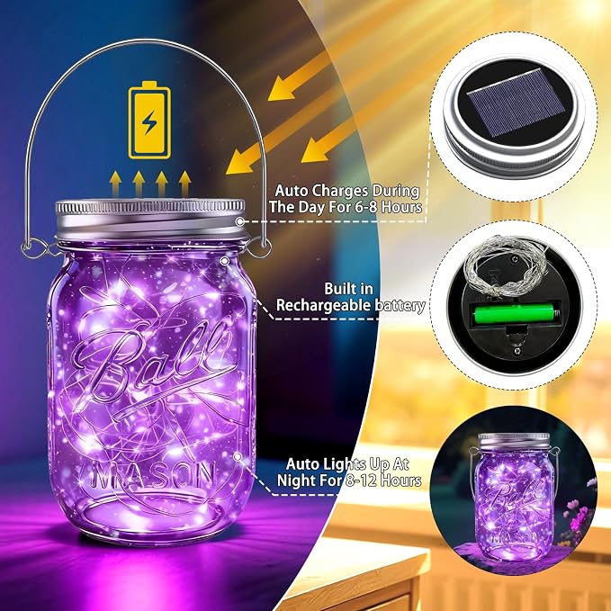 Mason Jar Solar Lights for Outside, 12 Pack 30LED Fairy Firefly Lights Mason Jar Solar Lids Outdoor Waterproof String Lights with Hangers(NO Jars) for Patio Garden Yard Lawn Decor(6 Colors)
