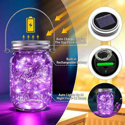 Mason Jar Solar Lights for Outside, 12 Pack 30LED Fairy Firefly Lights Mason Jar Solar Lids Outdoor Waterproof String Lights with Hangers(NO Jars) for Patio Garden Yard Lawn Decor(6 Colors)
