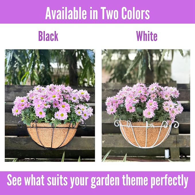 ShopLaLa Wall Hanging Planter for Outdoor Plants (12 Inch, 2 Pack) Wall Mounted Flower Baskets with Coco Liner for Outside Plant, Fence Railings Pots Holder Balcony Deck Porch Modern Garden Decor