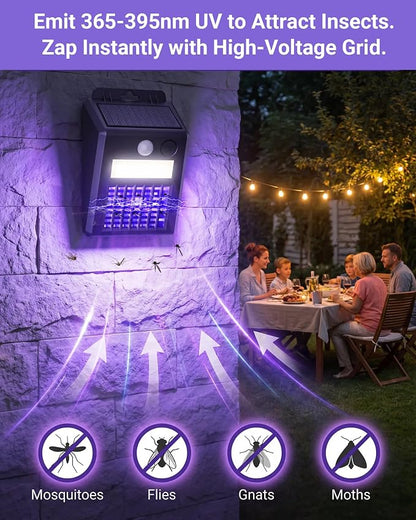 Solar Bug Zapper Outdoor - 2-in-1 Waterproof Cordless Mosquito Zapper with 3 Modes, Motion Sensor Light & UV Light, Rechargeable Mosquito Killer Lamp for Patio Yard Garden