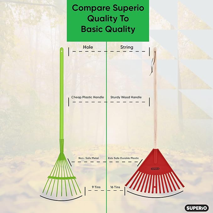 Superio Red Kid Rake - Fun and Functional Child-Sized Rake for Yard Work, for Kids Ages 2 and Up