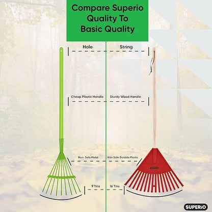 Leaf Rake, Red Kid Size Leaf Collector, Bulk Pack Gardening Rake, 24-Pack Plastic Rakes with Wood Handle, by Superio
