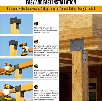 2pcs 4x4 (Actual 3.5"x3.5") Post Cap Tie Bracket, Heavy Duty Stainless Steel Wood Beam Support Bracket. for Ggazebos, Patio Decks, and Porches Wood Post to Beam Support Connection (Dark Ggray)