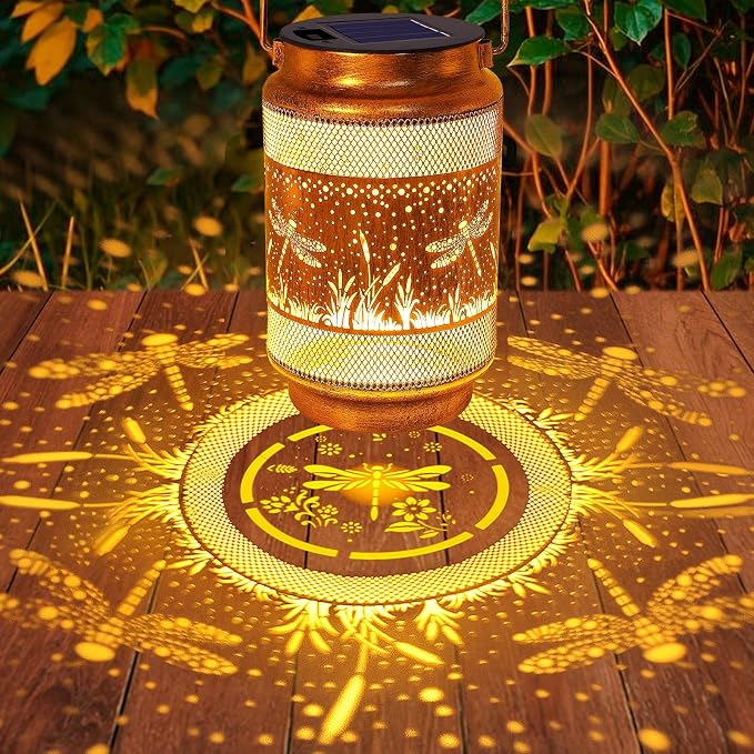 2 Pack Dragonfly Solar Lanterns Outdoor Waterproof Solar Garden Decor, Birthday Gifts for Women Mom Grandma, Metal Hanging Lights with Shepherd Hook for Outside Yard Patio Pathway Porch