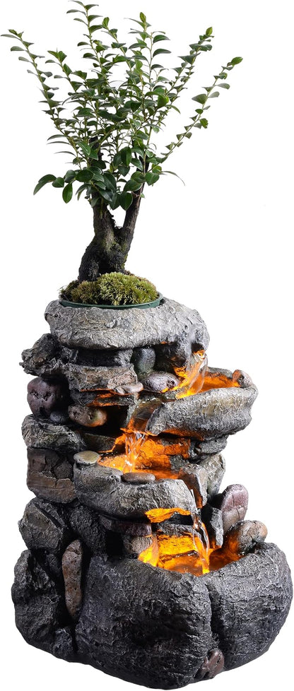 Tolevoit Tabletop Water Fountain with LED Lighting for Indoor Decor and Ambiance Relaxation Soothing Sound Waterfall Indoor Zen Relaxation for Office Home Decorations Growing Plants by Yourself