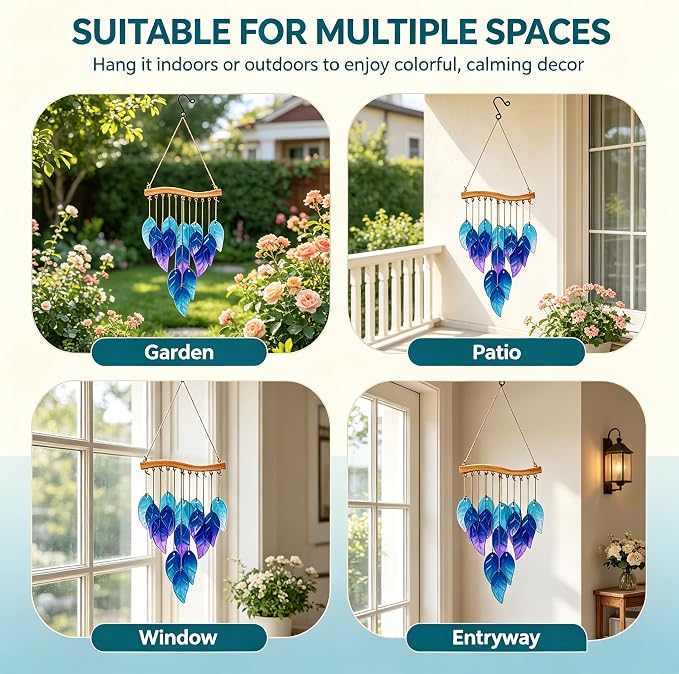 Wind Chimes Blue Glass Leaves, Garden Wind Chime for Home, Party, Festival Decor, Glass Garden Patio Yard Porch Decoration Indoor/Outside, Lifelike Leaf Style