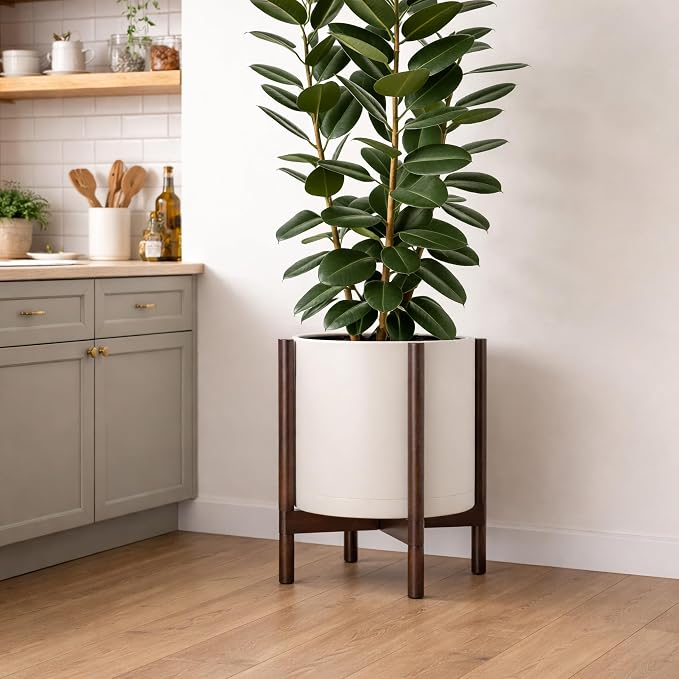 D'vine Dev Plastic Pot with Walnut Wood Stand, Oatmeal, 14 in, 55-C-R-3 | Mid-Century Inspired Design, Elevated Plant Display, Clean Lines, Sturdy Support, Modern Space-Saving Style