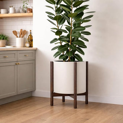 D'vine Dev Plastic Pot with Walnut Wood Stand, Oatmeal, 14 in, 55-C-R-3 | Mid-Century Inspired Design, Elevated Plant Display, Clean Lines, Sturdy Support, Modern Space-Saving Style