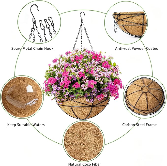 4 Pack 10 Inch Hanging Planters Metal Wire Flower Baskets with Natural Coconut Liners for Outdoor Plants Round Plant Holder Planter for Garden Decor