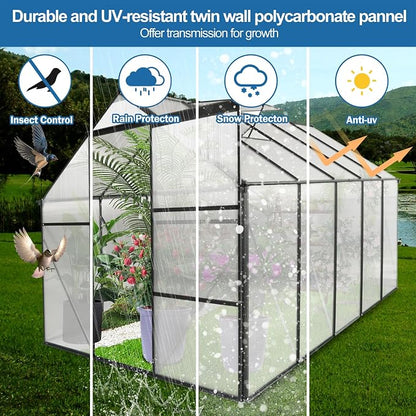 6x10 FT Polycarbonate Greenhouse with Sliding Door and Adjustable Roof, Heavy Duty Aluminum Walk-in Greenhouses w/ Raised Base for Outdoor Garden Backyard,Black