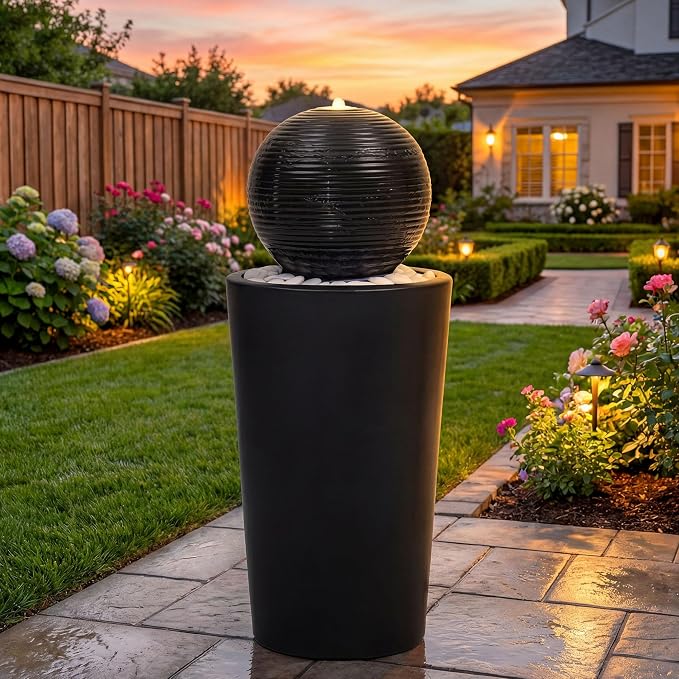 Autodaya 30"H Ceramic Sphere Water Fountain with LED Light for Garden Patio | Modern Minimalist Design, Black Glaze with White Pebbles, Soothing Trickling Water Feature, Artistic Charm, Tranquil Ambiance