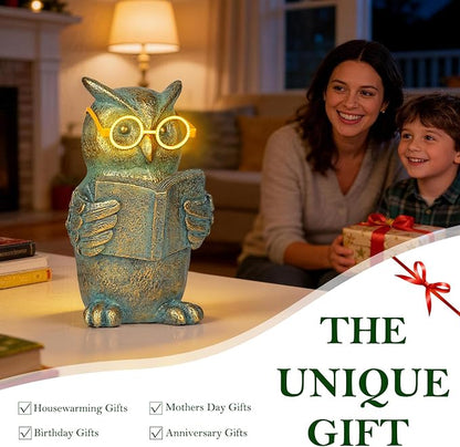 Reading Owl Statue with Solar Glasses Bronze Resin Garden Decoration Outdoor Figurine Light for Patio, Yard, Lawn, Housewarming Home Decor Gift for Women