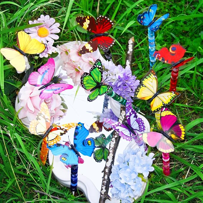 145 PCS Beaded Garden Stakes Kit, DIY Fairy Wand Garden Stake Beads Kits with Assortment Large Hole Beads 4 Crystal Stopper Top 2 Colored Butterfly Tops and Threaded Rods for Outdoor Indoor Decor