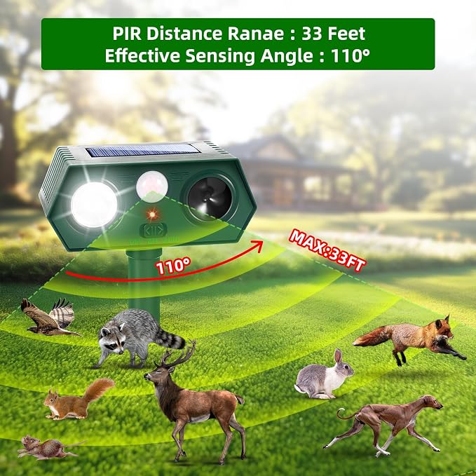 2026 Upgraded Solar Ultrasonic Animal Repellent Deer Repellent Devices with Motion Sensor & Flashing Light Cat Repellent Outdoor to Keep Squirrel Raccoon Rabbit Away from Yard Garden 2 Pack