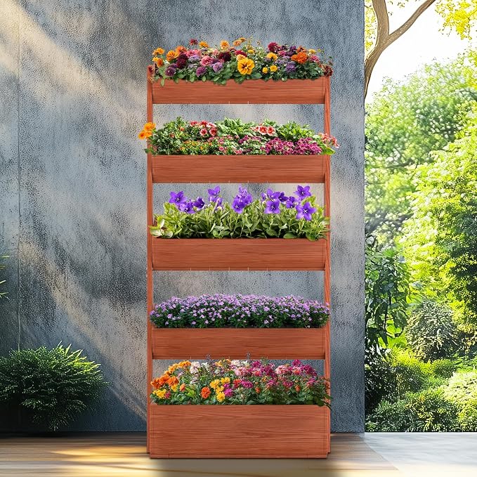 SUNYRISY 5 Tiers Vertical Raised Garden Bed Planter Outdoor, Freestanding Wooden Garden Tiered Planter Box Stand for Planting Herbs Flowers Vegetables Outdoor Gardening