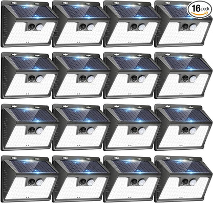 Peasur Solar Powered Lights Outdoor, 140LED 16Pack Motion Sensor Light Outside, IP65 Waterproof Fence Security Lighting with 3 Modes for Yard Wall Garden Cool White