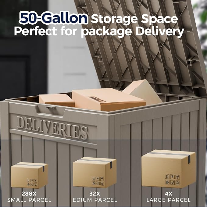 50-Gallon Package Delivery Box for Outside - Resin Storage with Sign & Lockable Secure, Waterproof Package Drop Box with Pre-Installation Hole for Curbside, Porch, Khaki