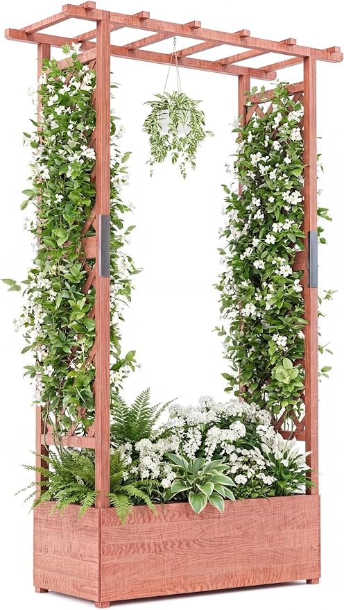 Patikuin 45" Elevated Wooden Raised Garden Bed with Trellis & Canopy, Freestanding Planter Box with Side Supports & Drainage Holes, Large Vertical Planter for Climbing Plants, Vines, Flowers, Patio