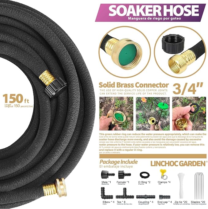 LICNCHOC GARDEN Soaker Hose 150ft,1/2 INCH Flexible Durable Garden Hose for Efficient Watering, Leak-Proof Design 100% Recycled Rubber,Ideal for Lawns,Gardens & Flower Beds