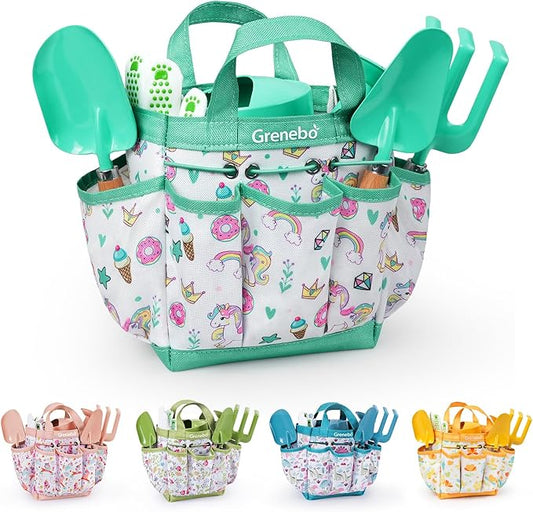 Grenebo Kids Gardening Set Toys,Includes Metal Trowel,Transplanting Shovel,Garden hat,Rake,Apron,Gloves,Watering Can,and Tool Organizer Bag (Lake Green)