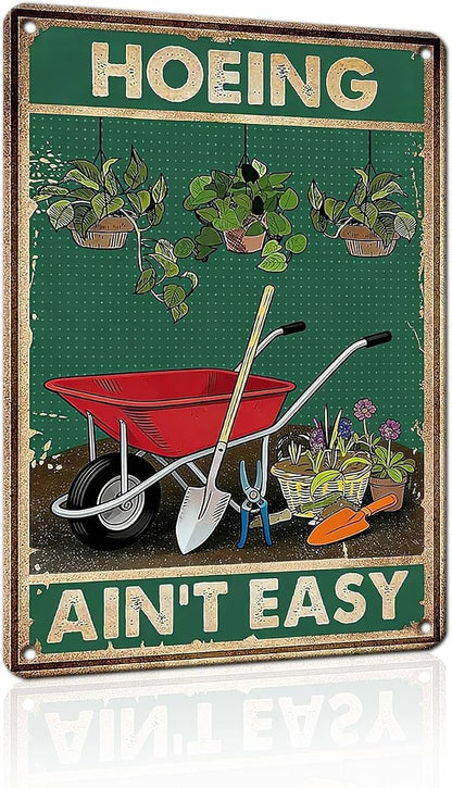 PEACHGARDEN Funny Garden Signs Hoeing Ain't Easy Gardening Gifts for Women Garden Decor for Outdoor Yard Art Patio Wall Decor 8x12 inch