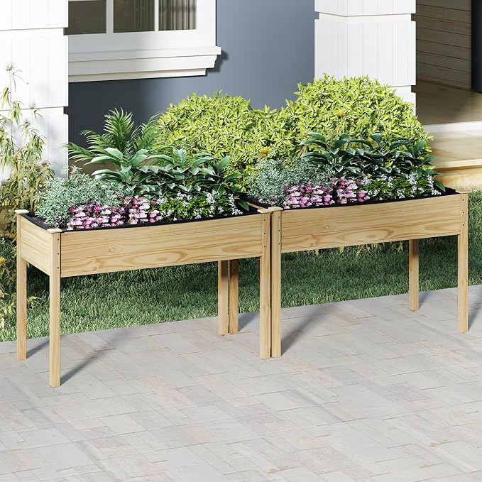 S AFSTAR 2 Pieces Wooden Raised Garden Bed with Legs, Planter Box with Liner & Drainage Holes for Vegetable Flower Herb, Indoor Outdoor Elevated Gardening Box for Backyard Patio Balcony