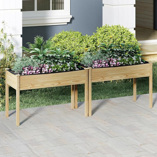 S AFSTAR 2 Pieces Wooden Raised Garden Bed with Legs, Planter Box with Liner & Drainage Holes for Vegetable Flower Herb, Indoor Outdoor Elevated Gardening Box for Backyard Patio Balcony