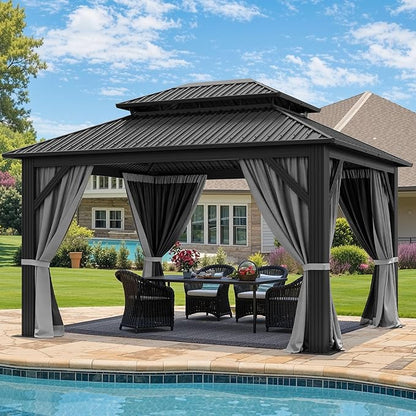 YITAHOME 12x14ft Hardtop Gazebo with Nettings and Curtains Heavy Duty | Double Roof Galvanized Steel Outdoor Combined of Vertical Stripes Roof for Patio, Backyard, Deck, Lawns, Gray