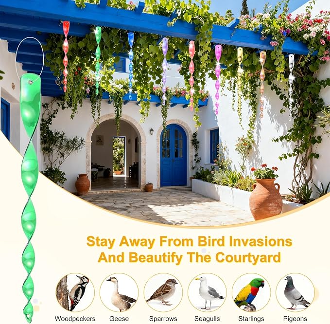 M METERXITY 16-Pack Bird Reflective Rods 11.5 Inch Spiral Bird Scare Rods Hanging Birds Deterrent Device for Yard/Patio/Garden/Farm/Decoration [Green]