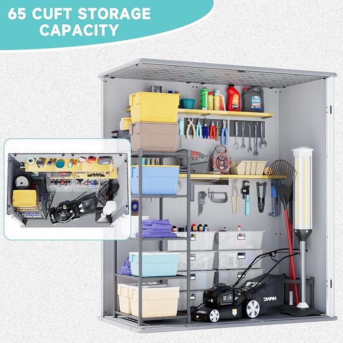 Greesum 5X3FT Plastic Storage Shed with Floor, Resin Outdoor Storaged Shed with Lockable Door, Easy Assembly All-Weather Tool Sheds for Yard, Patio, Garden, Light Gray (4.7×2.5FT)