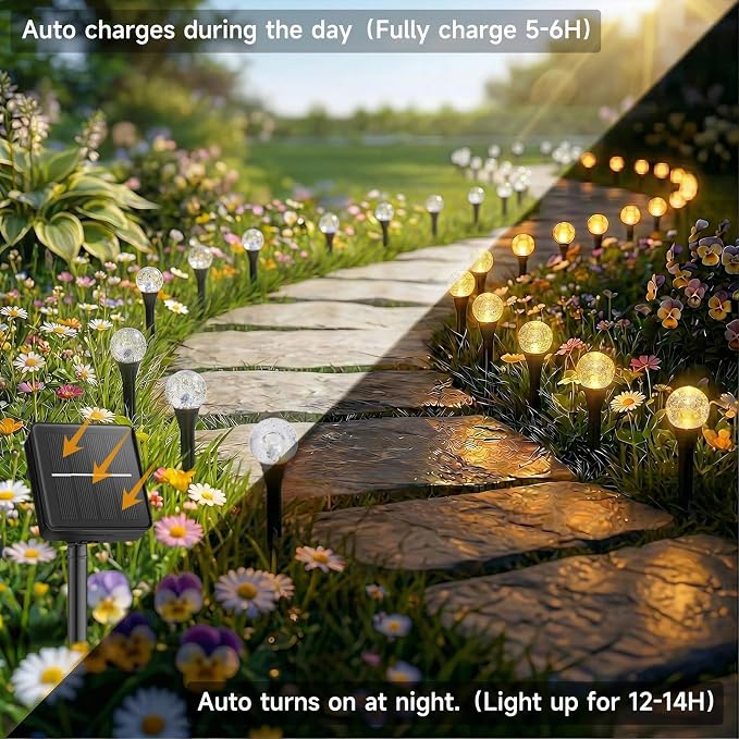 SyouHome Solar Garden Lights Outdoor, 60 LEDs 43FT Solar Pathway Lights | 2 Pack/8 Lighting Modes/Waterproof Garden Decor for Yard Patio Walkway Driveway Pathway (Warm White)